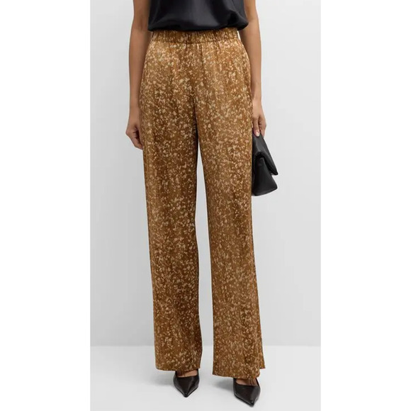 LAFAYETTE 148 WOMENS XLARGE SILK FLOATING LEAVES RIVERSIDE STRETCH PANTS CAMEL - Picture 1 of 14